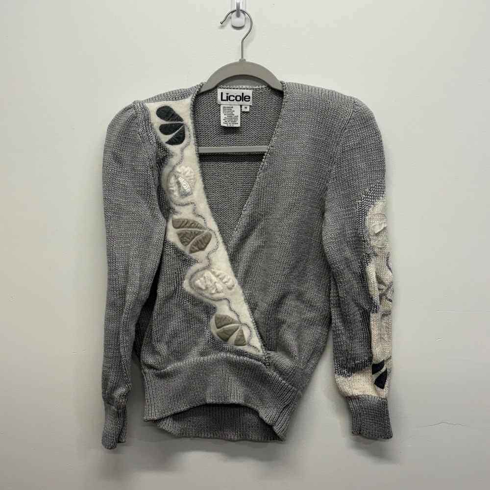 Vintage Licole Grey Knit Floral Applique Wrap V-Neck Sweater Wool Angora Blend M